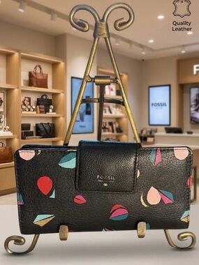 Fossil Black Leather Continental Wallet with Multicolor Teardrop Motif